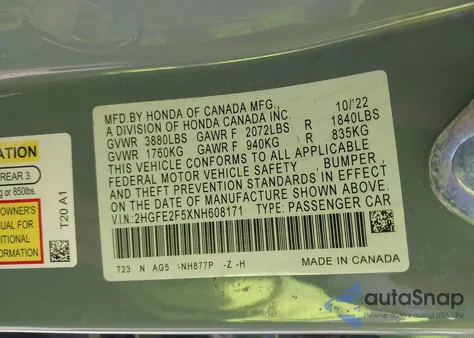 2022 Honda Civic Sport from USA, damaged, VIN 2HGFE2F5XNH608171